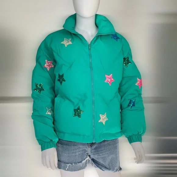 FANTASTIC FAWN Sequin star zip front puffer jacket S M L - Picture 6 of 9